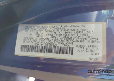 2004 Toyota Tundra Sr5 V8 z USA, uszkodzony, nr VIN 5TBRT34184S440479